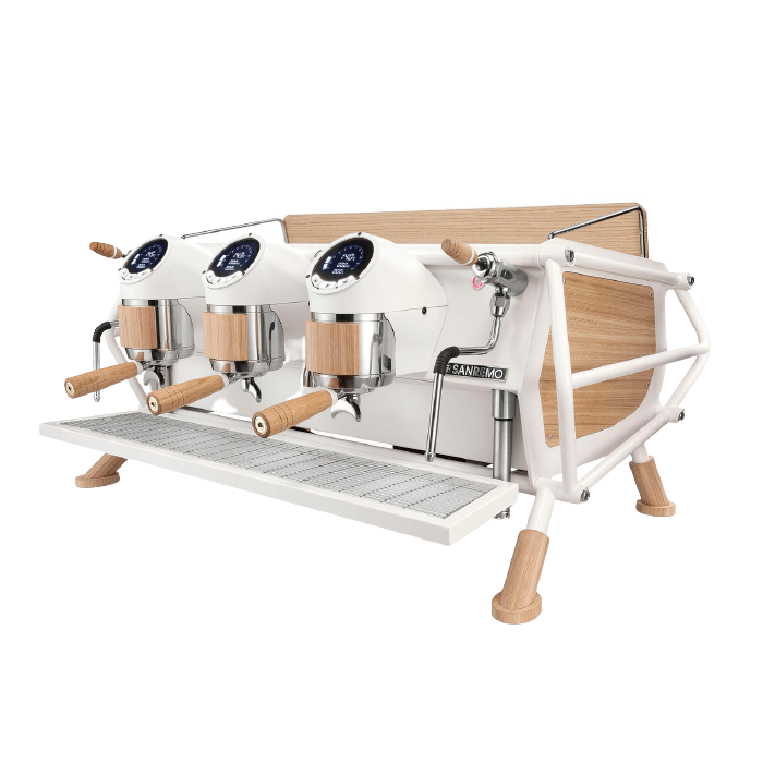 Sanremo White and Wood Cafe Racer Espresso Machine Coffeeionado