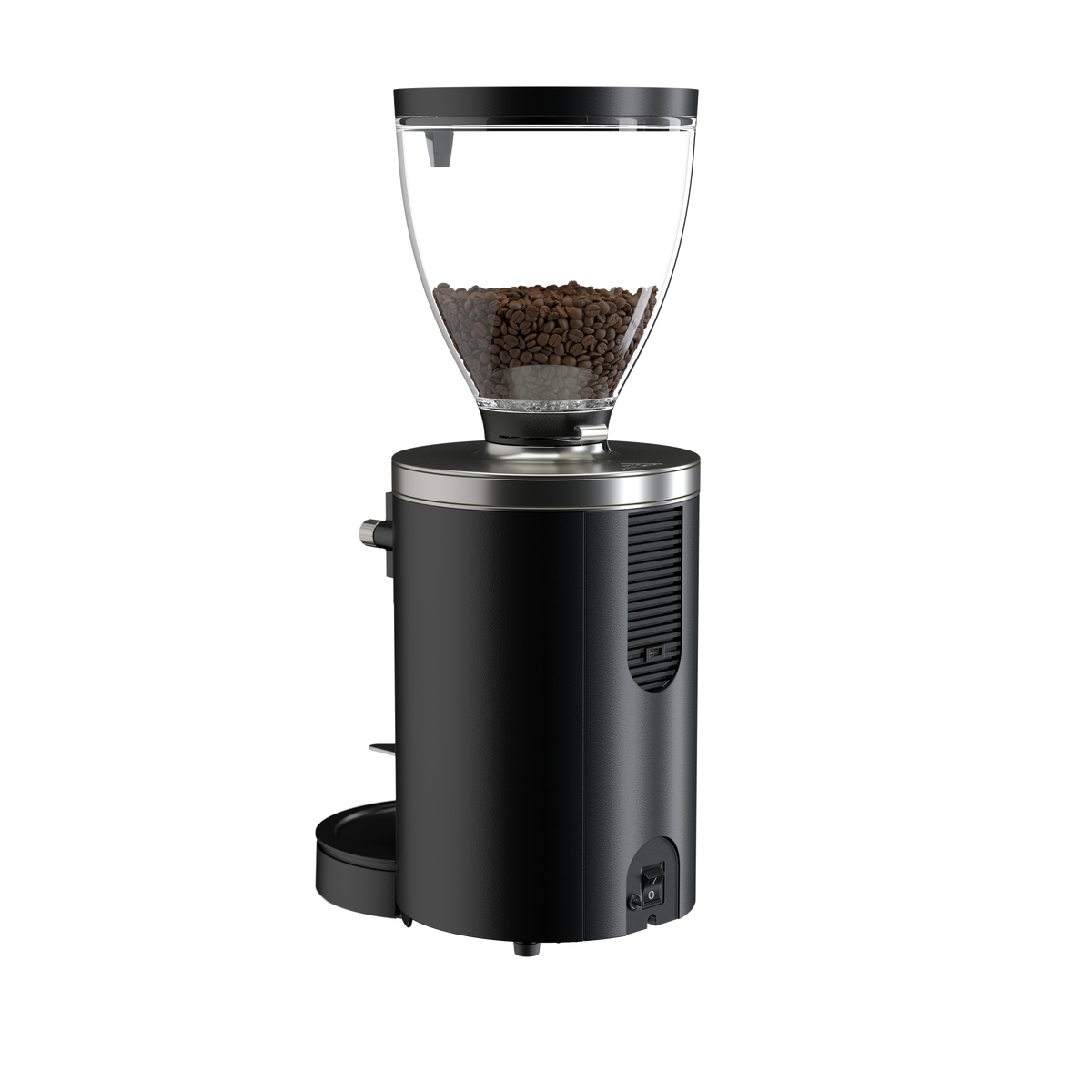 Rear three-quarter view of black Mahlkonig E80W GbS Grind-by-Sync espresso grinder