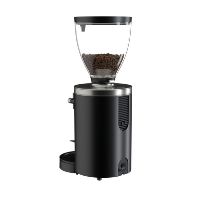 Rear three-quarter view of black Mahlkonig E80W GbS Grind-by-Sync espresso grinder