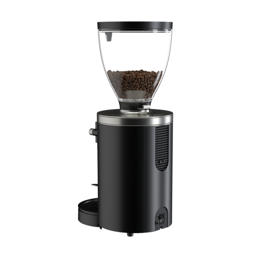 Rear three-quarter view of black Mahlkonig E80W GbS Grind-by-Sync espresso grinder