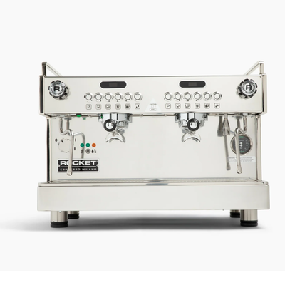 Stainless steel espresso machine with 'Rocket' branding on a white background