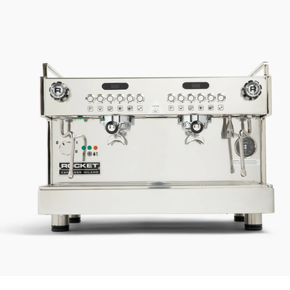 Stainless steel espresso machine with 'Rocket' branding on a white background