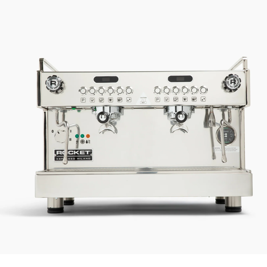 Stainless steel espresso machine with 'Rocket' branding on a white background