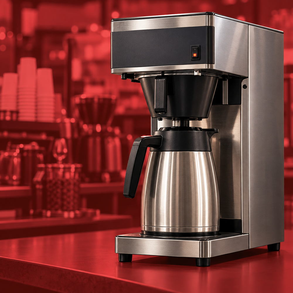 Commercial batch brewers in Coffeeionado cherry-red style