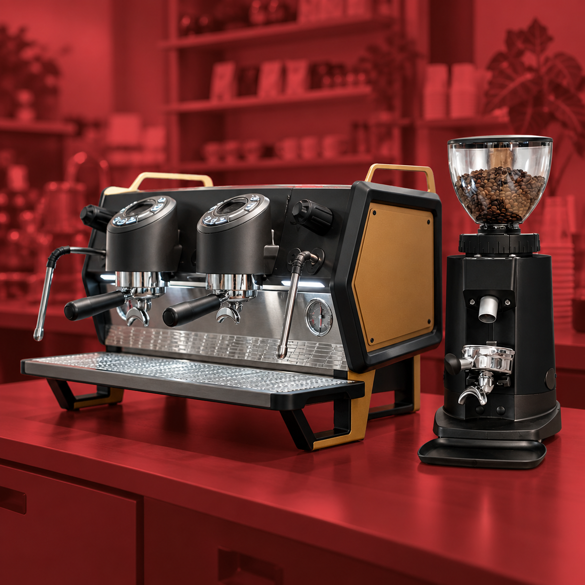 Commercial espresso machine and grinder bundle in Coffeeionado cherry-red style