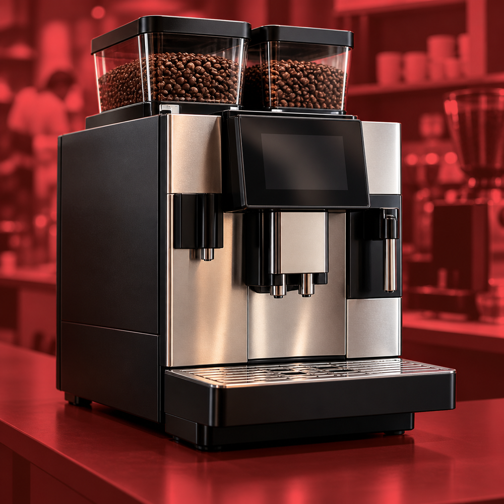 Commercial super-automatic espresso machines in Coffeeionado cherry-red style