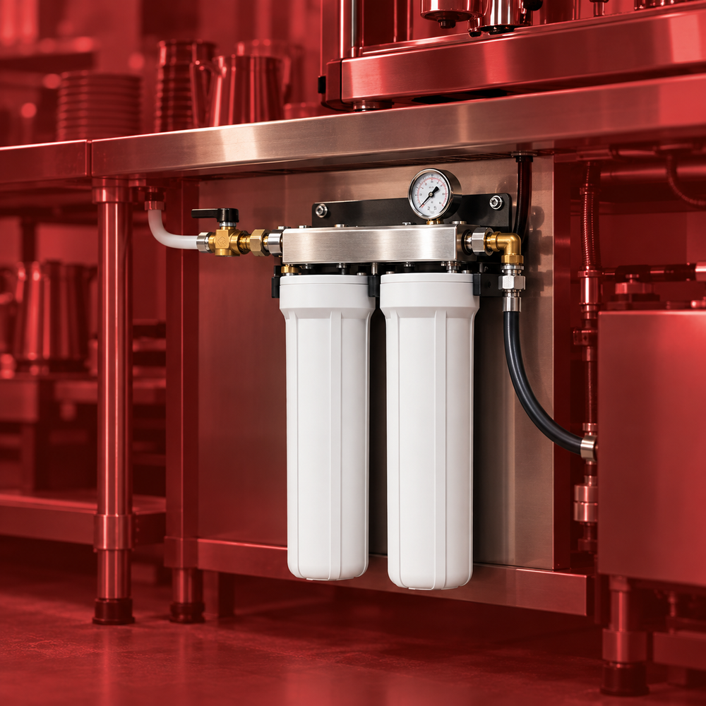 Commercial cafe water filtration in Coffeeionado cherry-red style