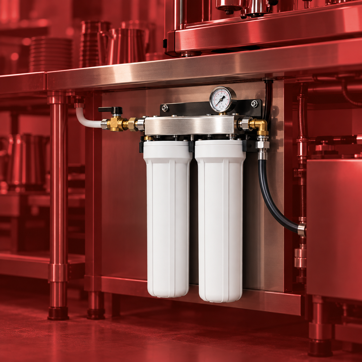 Commercial cafe water filtration in Coffeeionado cherry-red style