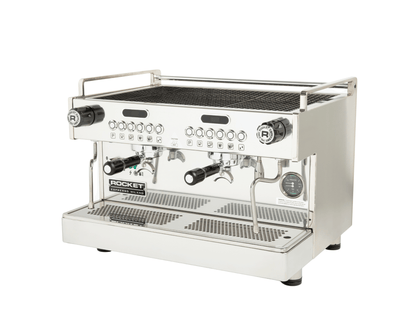 Commercial espresso machine with 'Rocket' branding on a white background
