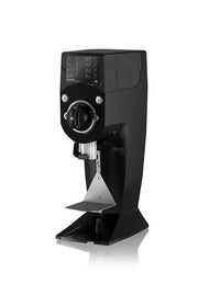 A black Mahlkonig Guatemala coffee grinder with a large hopper and a digital display, placed on a white background.